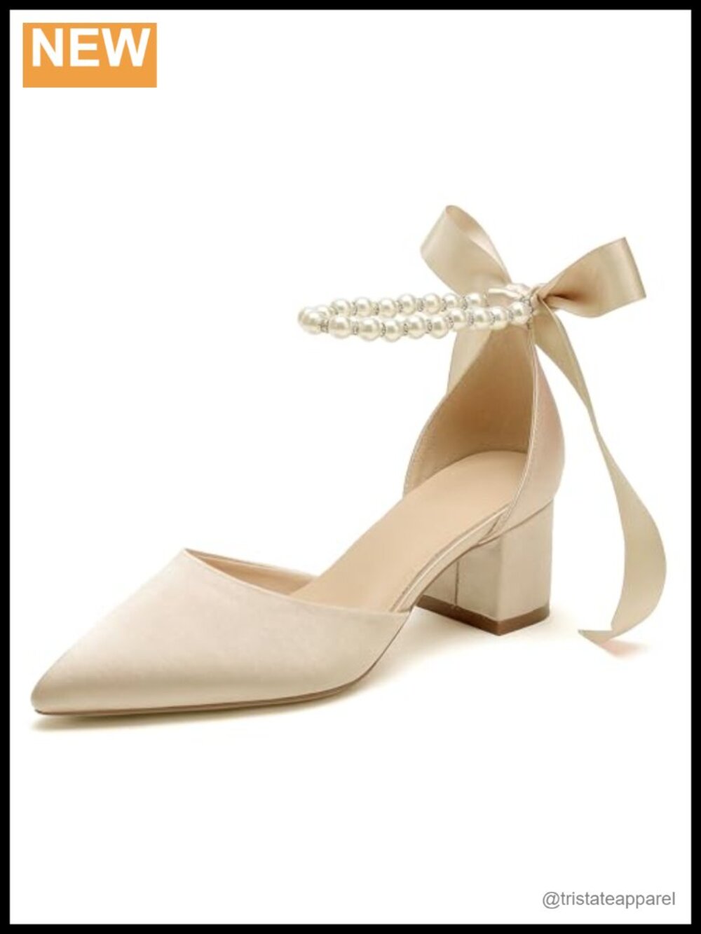 Satin Pointed Toe Low Chunky Heels with Pearls Pumps Bridal Evening Dress